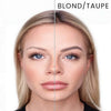 Kit de maquillage pour sourcils Kholine Beauté, avant et après utilisation sur visage féminin, couleur taupe/blond.