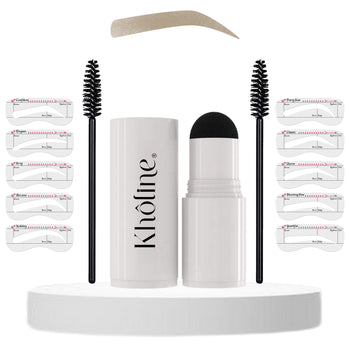 Kit de maquillage Beauté pour sourcils Kholine contenant 1 tube tampon doux , 1 pommade crémeuse couleur taupe/blond, 2 brosses en nylon et 10 pochoirs  pour des sourcils parfaitement dessinés et définis.